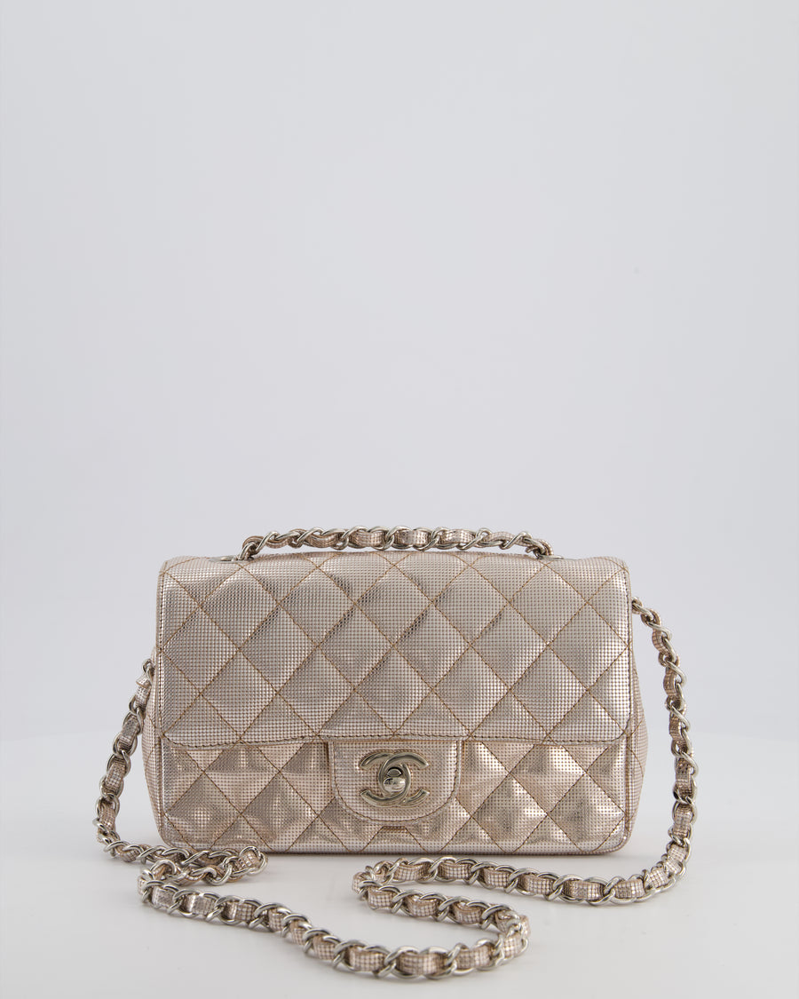 Chanel Rose Gold Metallic Pixel Effect Calfskin Mini Rectangular Flap Bag with Silver Hardware
