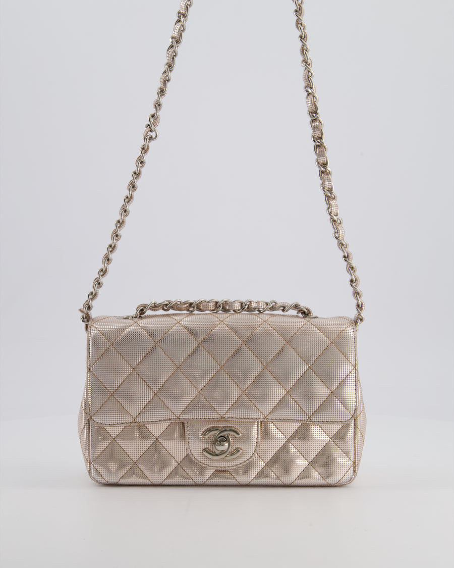 Chanel Rose Gold Metallic Pixel Effect Calfskin Mini Rectangular Flap Bag with Silver Hardware
