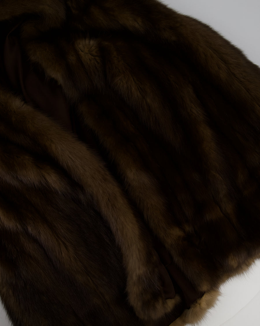 Brown Sable Fur Long Coat with Half Sleeve Detail Size UK 8-12