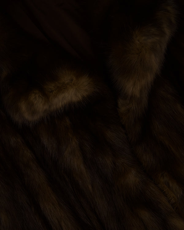 Brown Sable Fur Long Coat with Half Sleeve Detail Size UK 8-12