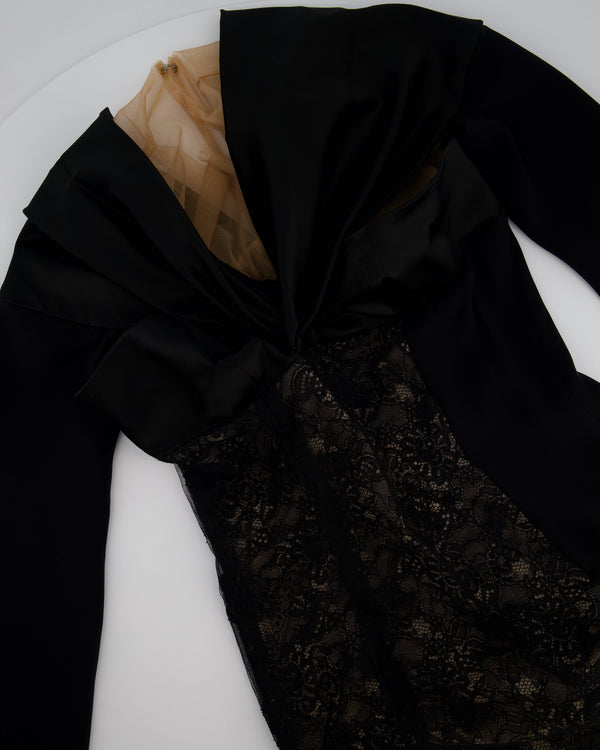Alessandra Rich Black Long Sleeve Lace Maxi Dress with Floral Detail IT 42 (UK 10)