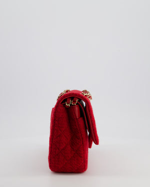 Chanel Deep Red Classic Medium Double Flap Bag in Tweed with Champagne Gold Hardware