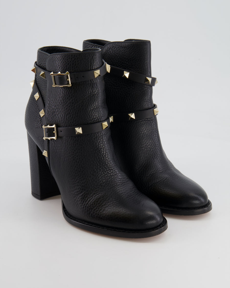 Valentino Black Leather Rockstud Heeled Ankle Boots Size EU 38