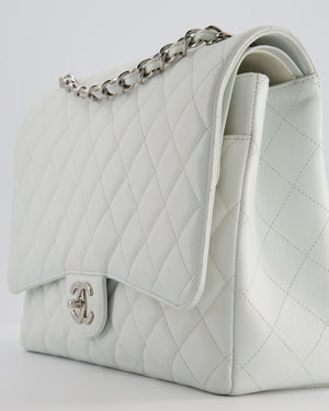 Chanel White Classic Maxi Double Flap Bag in Caviar Leather with Silver Hardware