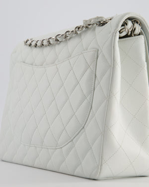 Chanel White Classic Maxi Double Flap Bag in Caviar Leather with Silver Hardware
