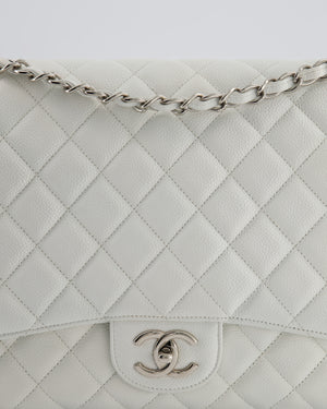 Chanel White Classic Maxi Double Flap Bag in Caviar Leather with Silver Hardware