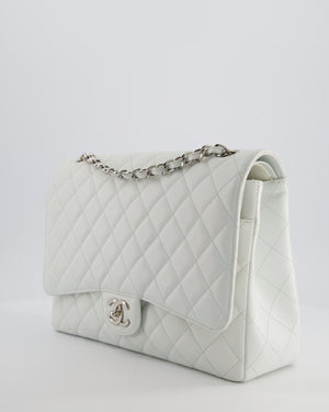 Chanel White Classic Maxi Double Flap Bag in Caviar Leather with Silver Hardware