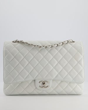 Chanel White Classic Maxi Double Flap Bag in Caviar Leather with Silver Hardware