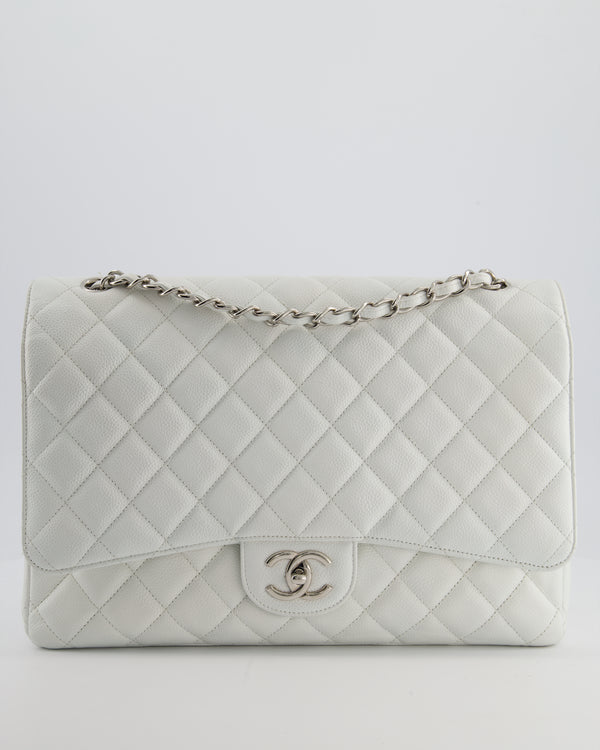 Chanel White Classic Maxi Double Flap Bag in Caviar Leather with Silver Hardware