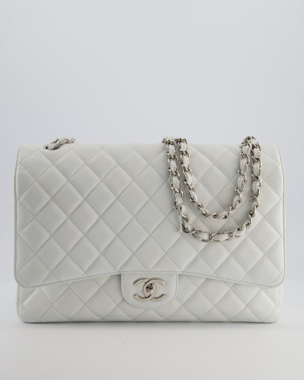 Chanel White Classic Maxi Double Flap Bag in Caviar Leather with Silver Hardware