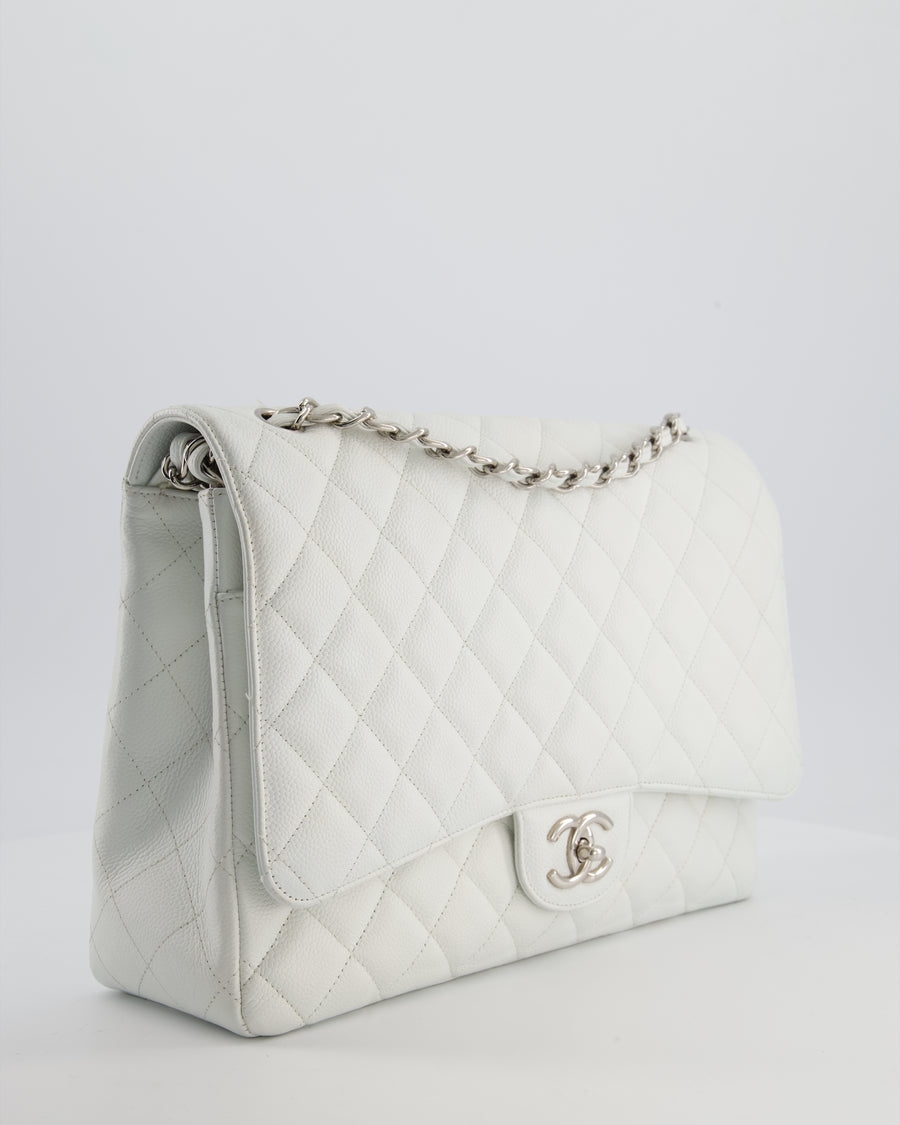 Chanel White Classic Maxi Double Flap Bag in Caviar Leather with Silver Hardware