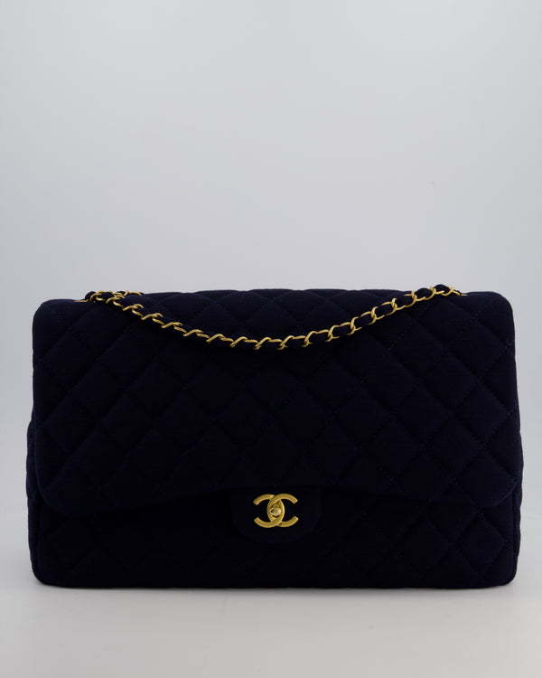 Chanel Navy XXL Single Flap Bag in Quilted Jersey with Gold Hardware