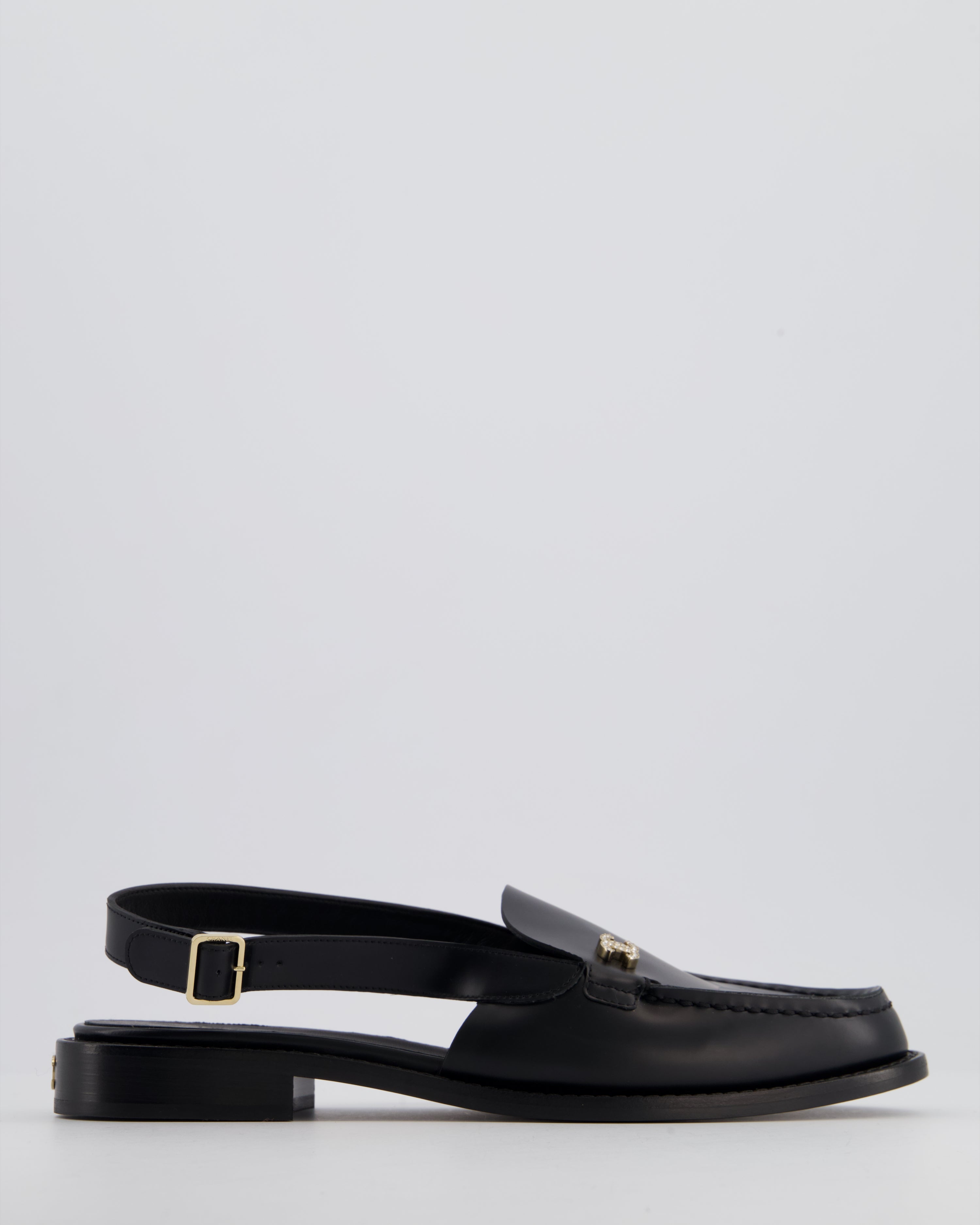 セリーヌ　スリッポン　バブーシュ　黒　ブラック フラット 35 22 22.5 Chanel Black Slingback Loafer with Crystal CC Logo Detail