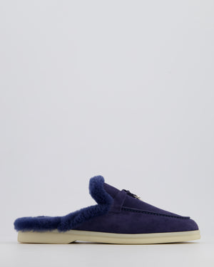 Loro Piana Midnight Blue Fur Lined Charms Walk Babouche Loafer in Suede Size EU 39