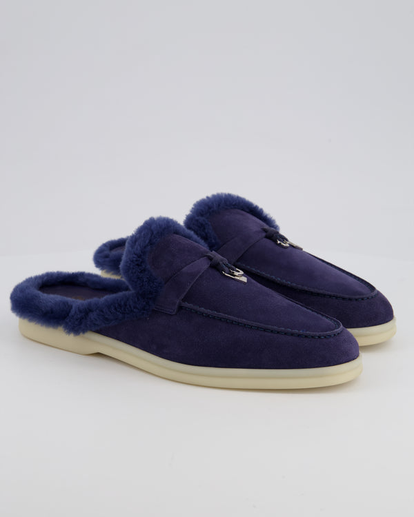 Loro Piana Midnight Blue Fur Lined Charms Walk Babouche Loafer in Suede Size EU 39