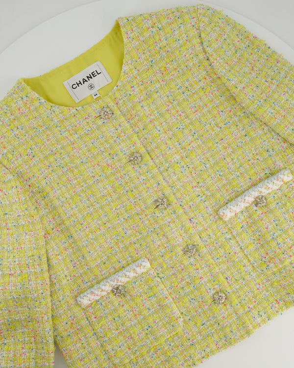 Chanel 24C Yellow, White, Pink & Blue Metallic Tweed Check Collarless Jacket with Crystal CC Buttons Size FR 44 (UK 16) RRP £6,500