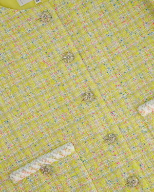 Chanel 24C Yellow, White, Pink & Blue Metallic Tweed Check Collarless Jacket with Crystal CC Buttons Size FR 44 (UK 16) RRP £6,500