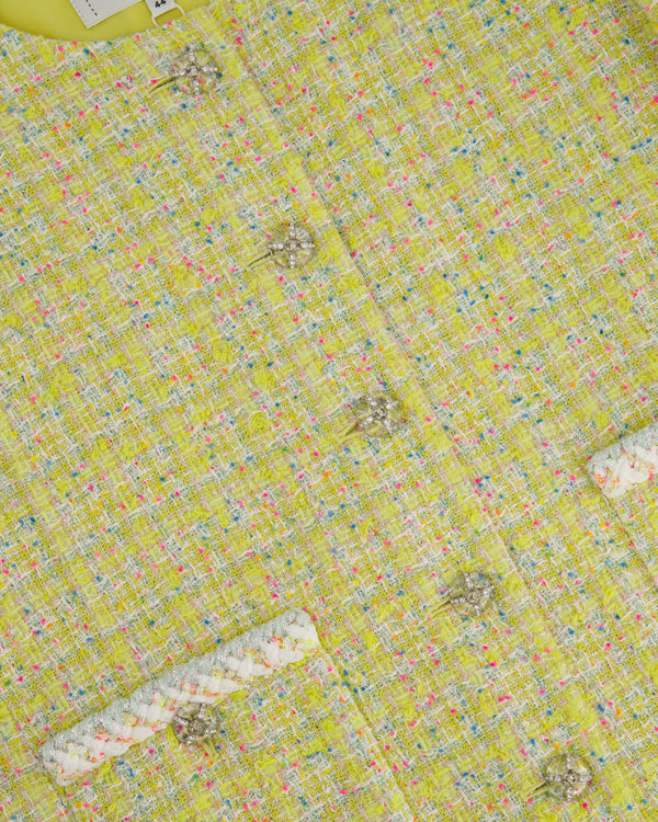 Chanel 24C Yellow, White, Pink & Blue Metallic Tweed Check Collarless Jacket with Crystal CC Buttons Size FR 44 (UK 16) RRP £6,500