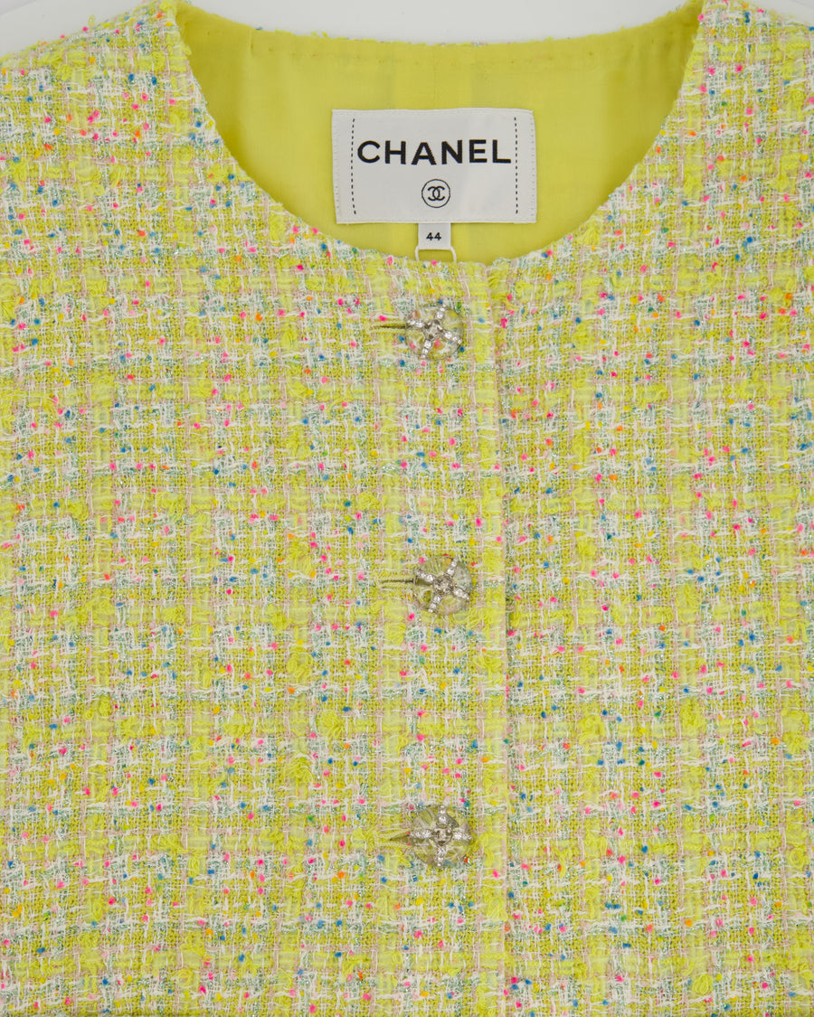 Chanel 24C Yellow, White, Pink & Blue Metallic Tweed Check Collarless Jacket with Crystal CC Buttons Size FR 44 (UK 16) RRP £6,500