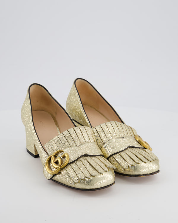 Gucci Metallic Gold Marmont Heeled Loafers with GG Detail Size EU 36