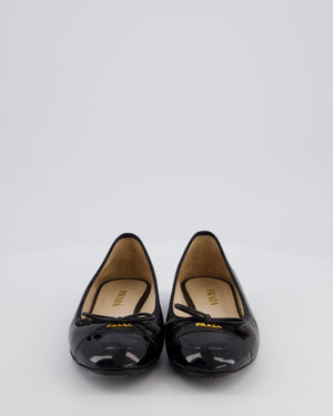 Prada Black Logo Ballet Flats in Calfskin Leather with Patent Toe Detail Size EU 37