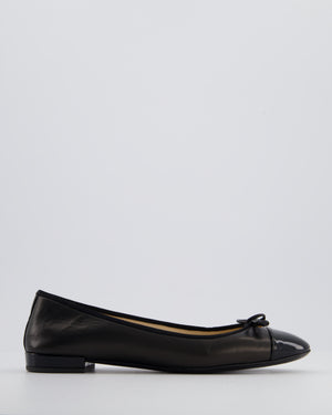 Prada Black Logo Ballet Flats in Calfskin Leather with Patent Toe Detail Size EU 37