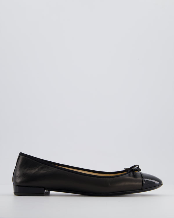 Prada Black Logo Ballet Flats in Calfskin Leather with Patent Toe Detail Size EU 37