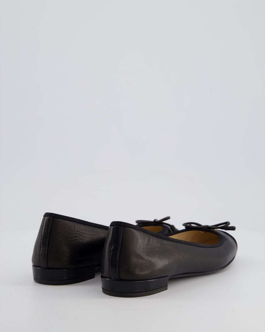 Prada Black Logo Ballet Flats in Calfskin Leather with Patent Toe Detail Size EU 37