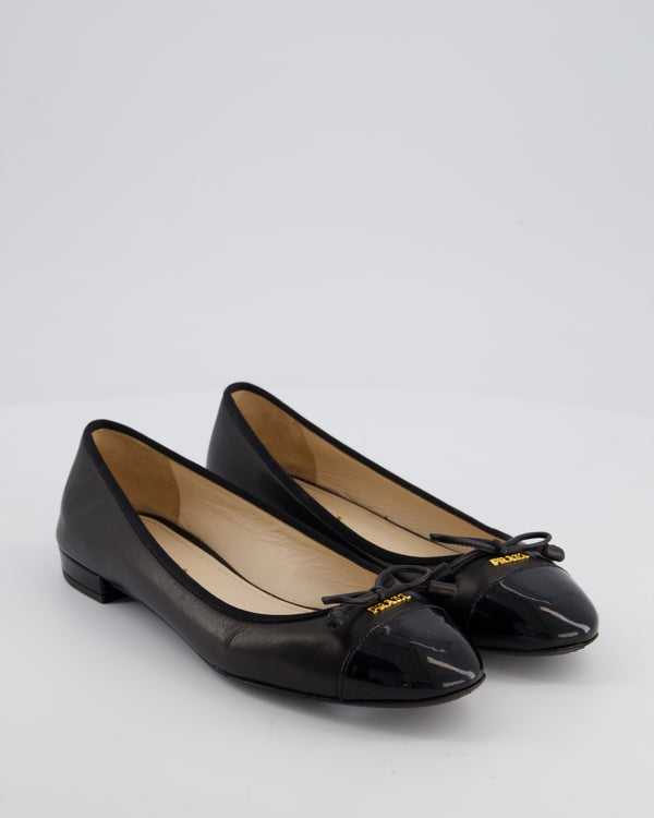 Prada Black Logo Ballet Flats in Calfskin Leather with Patent Toe Detail Size EU 37