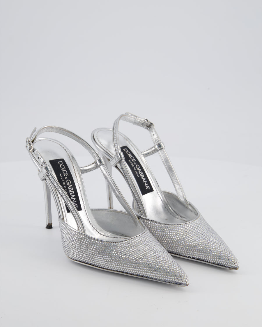Dolce & Gabbana Silver Pointed Crystal Embellished Heels Size EU 36.5