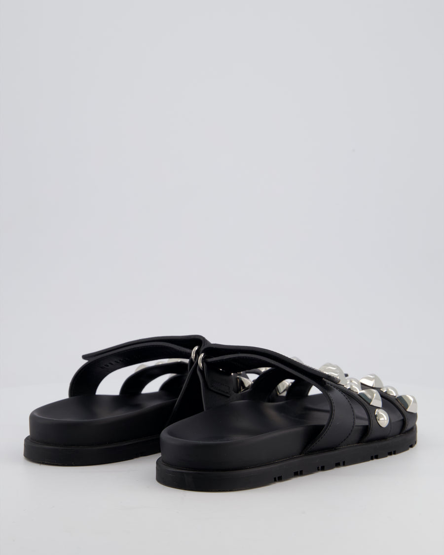 Hermès Black Leather Chypre Sandals with Medor Studs Detail Size EU 37.5 RRP £1,730