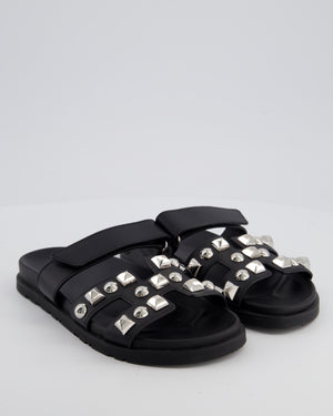 Hermès Black Leather Chypre Sandals with Medor Studs Detail Size EU 37.5 RRP £1,730