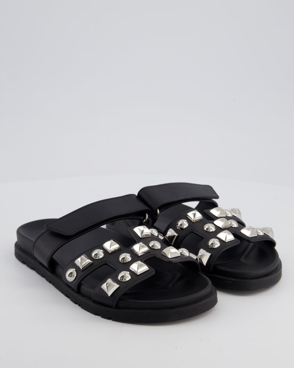 Hermès Black Leather Chypre Sandals with Medor Studs Detail Size EU 37.5 RRP £1,730
