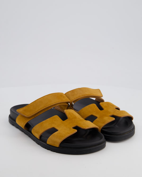 Hermès Chypre Sandals in Gold Suede Leather Size EU 37
