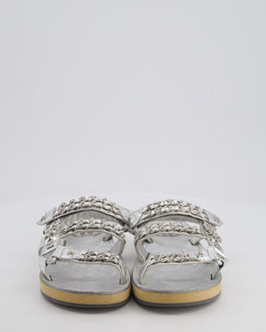 Chanel Silver Laminated Goatskin Dad Sandal with Chain Detail Size EU 37