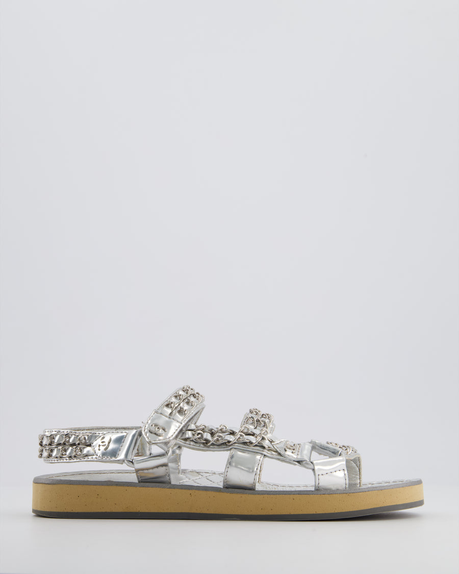 Chanel Silver Laminated Goatskin Dad Sandal with Chain Detail Size EU 37