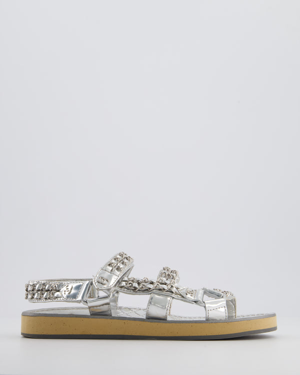 Chanel Silver Laminated Goatskin Dad Sandal with Chain Detail Size EU 37