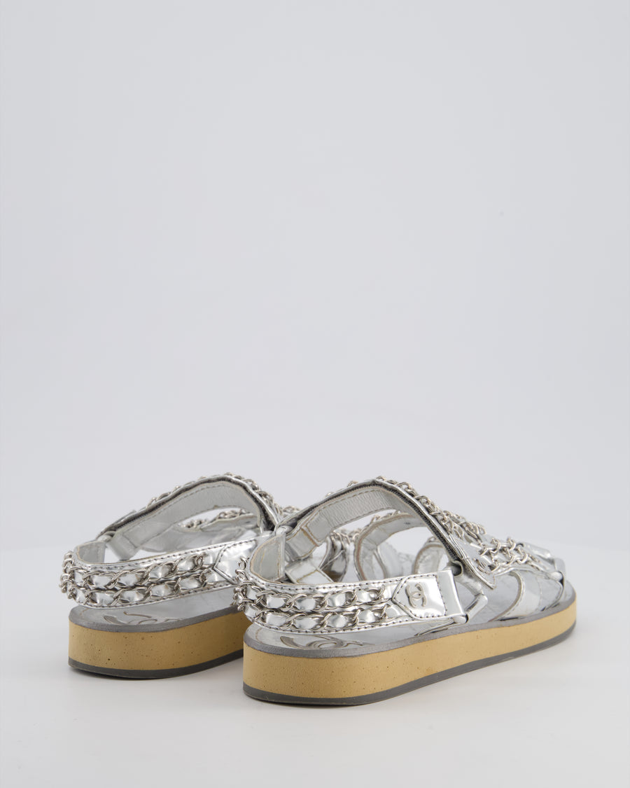 Chanel Silver Laminated Goatskin Dad Sandal with Chain Detail Size EU 37