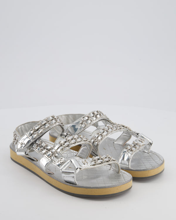 Chanel Silver Laminated Goatskin Dad Sandal with Chain Detail Size EU 37