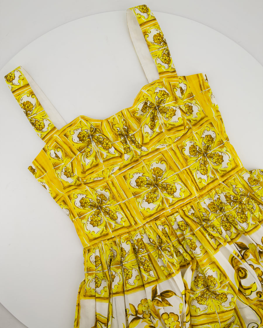Dolce & Gabbana Yellow Majolica Print Midi Dress with Pleat Detail Size IT 44 (UK 12)