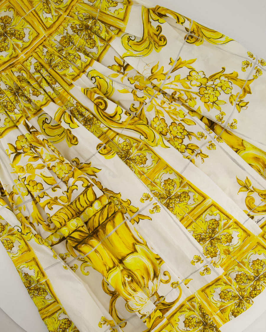 Dolce & Gabbana Yellow Majolica Print Midi Dress with Pleat Detail Size IT 44 (UK 12)