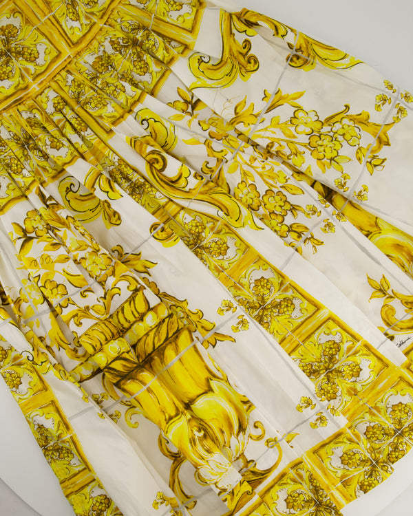 Dolce & Gabbana Yellow Majolica Print Midi Dress with Pleat Detail Size IT 44 (UK 12)
