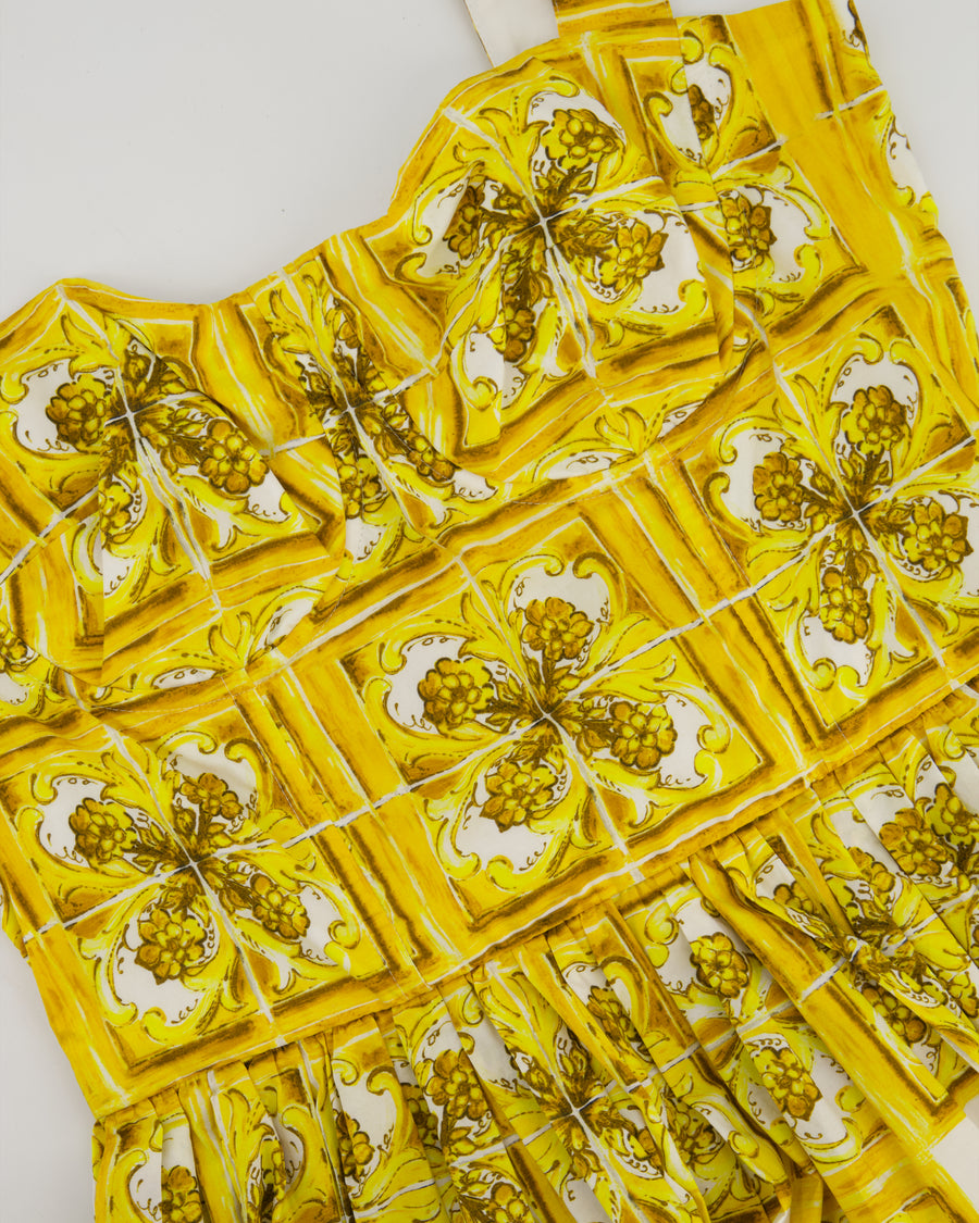 Dolce & Gabbana Yellow Majolica Print Midi Dress with Pleat Detail Size IT 44 (UK 12)