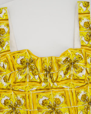 Dolce & Gabbana Yellow Majolica Print Midi Dress with Pleat Detail Size IT 44 (UK 12)
