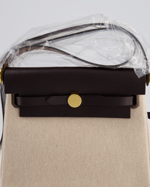 *NEW RELEASE & RARE* Hermès Herbag Zip 20 Bag in Ecru Beige Viking Canvas & Ebene Vache Hunter Leather with Gold Hardware