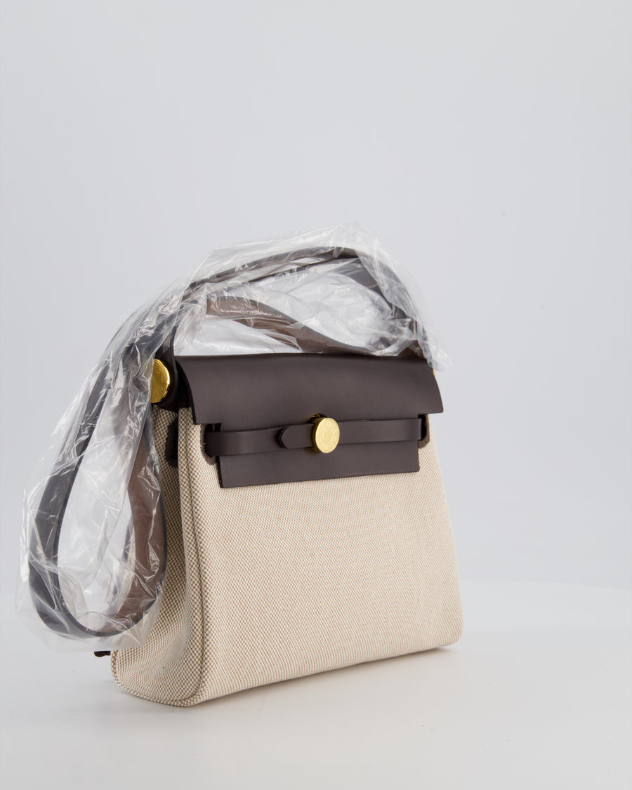 *NEW RELEASE & RARE* Hermès Herbag Zip 20 Bag in Ecru Beige Viking Canvas & Ebene Vache Hunter Leather with Gold Hardware