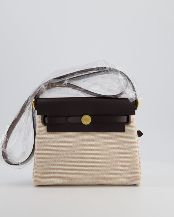 *NEW RELEASE & RARE* Hermès Herbag Zip 20 Bag in Ecru Beige Viking Canvas & Ebene Vache Hunter Leather with Gold Hardware