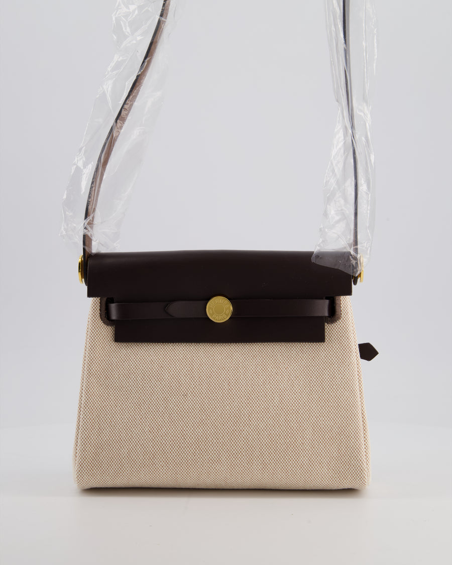 *NEW RELEASE & RARE* Hermès Herbag Zip 20 Bag in Ecru Beige Viking Canvas & Ebene Vache Hunter Leather with Gold Hardware