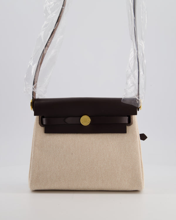 *NEW RELEASE & RARE* Hermès Herbag Zip 20 Bag in Ecru Beige Viking Canvas & Ebene Vache Hunter Leather with Gold Hardware
