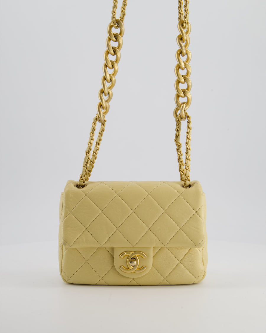 Chanel Mini Flap Bag in Pale Yellow Lambskin Leather with Chunky Chain and Gold Hardware